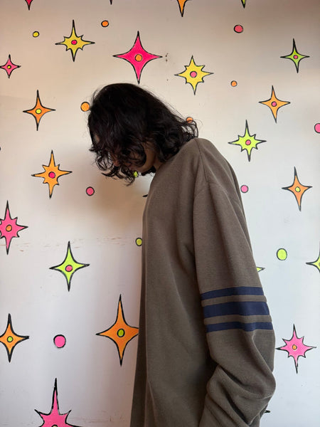 Vintage Y2K Olive Green Striped Sweater Emo Grunge Oversized Skater Pullover L