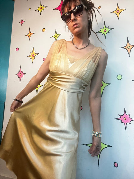 Vintage 90s Gold Glitter Satin Metallic Glam Midi Dress Cocktail Party Dress M