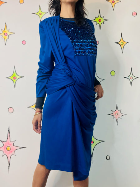 Vintage 80s Blue Glitter Sequin Party Dress ' Old Money Glam ' Shoulder Pads XL