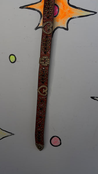 Y2K Rhinestone Studded Cowhide Leather Belt Western Cowgirl Bling Statement Belt