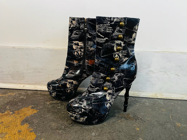 Too Fast X Ray Anatomy Skull Print Victorian Boot Rockabilly Pinup Goth - Size 8
