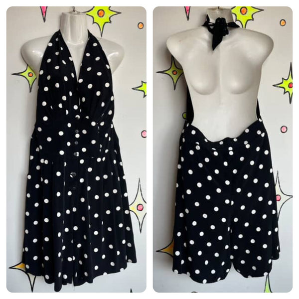80s Does 50s Black & White Polka Dot Halter Romper Dress Rockabilly Pinup - L/XL