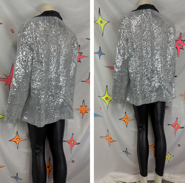 Vintage Silver Sequin Maximalist Smoking Jacket Men's Party Blazer Tuxedo XL