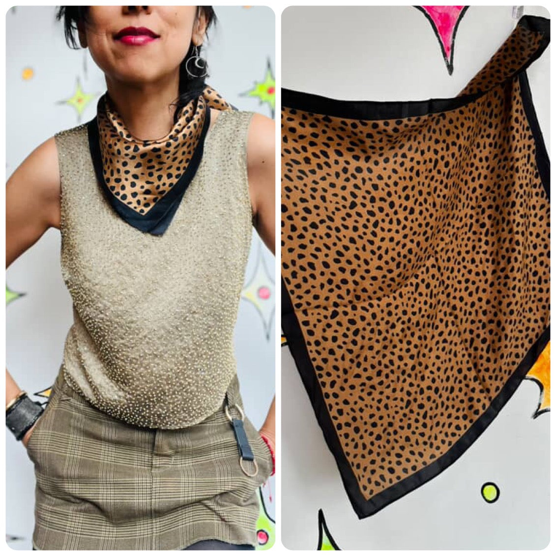 Vintage Gold & Black Leopard Print Silk Scarf – 100% Silk – 20" Square