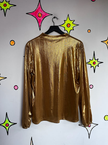 Vintage Y2K Golden Metallic Long Sleeve Blouse | Glam Disco Party Top – XL