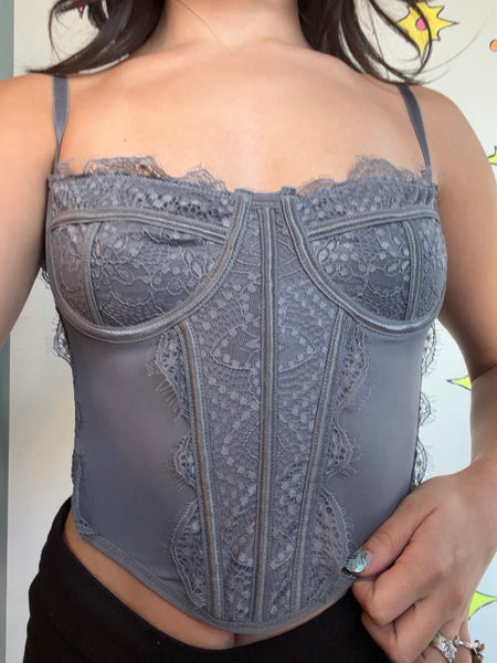Y2K Gray Lace Corset Top Victorian Lingerie Fairy Grunge Babydoll Cami M