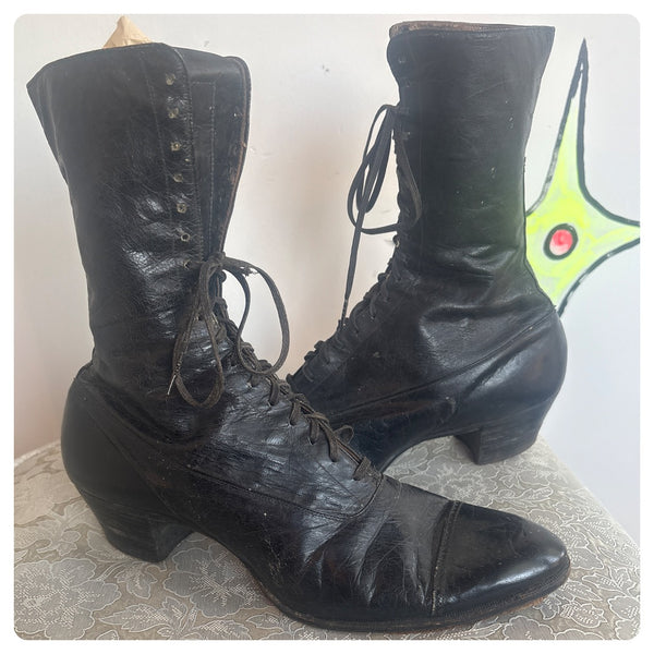 Antique Edwardian Black Leather Boots – Early 1900s Victorian US Womens 5.5–6