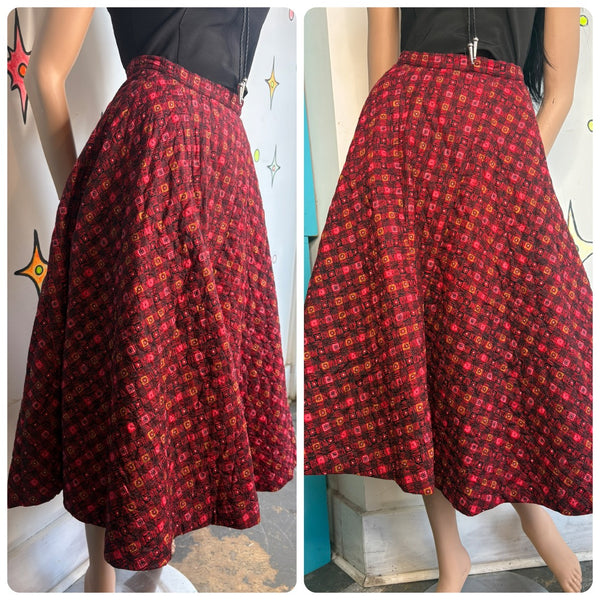 Vintage 50s Red Quilted Skirt | Full Twirl Party Skirt Old Hollywood Glam Pinup Rockabilly S