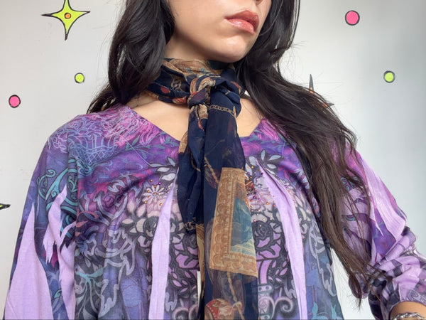 Vintage Navy Sheer Art Print Scarf Baroque Clock Print Maximalist Goth Mesh Wrap