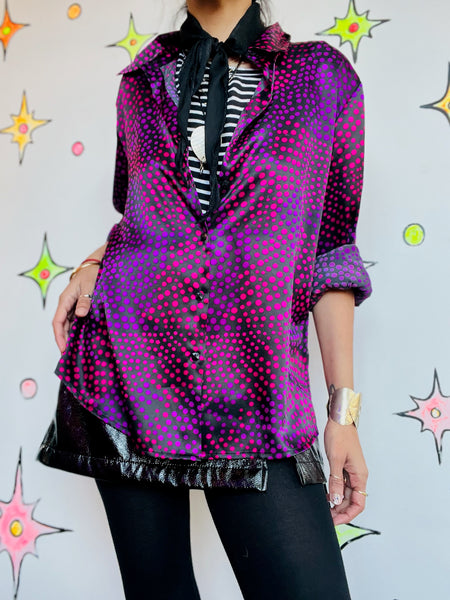 Vintage 90s Y2K Cyber Goth Grunge Abstract Optical Illusion Print Glam Blouse L