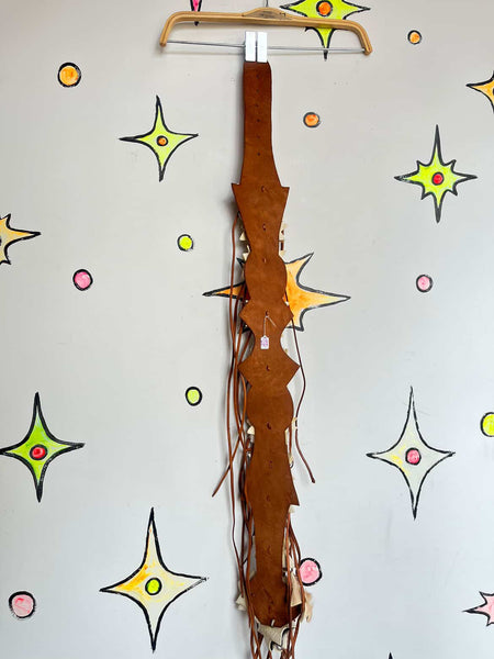 Vintage Brown Leather & Cowhide Fringe Belt w Star Patches Western Boho Grunge