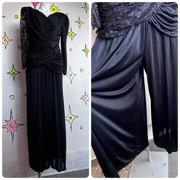 Vintage 80s Black Ruched Lace Jumpsuit | Goth Glam Formal Party Gown – L