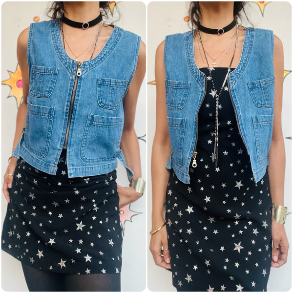 Vintage 90s Y2K Blue Denim Vest | Cropped Zip Up Grunge Utility Layering Top M