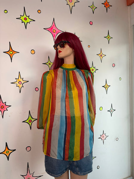 Archival 2002 Dolce & Gabbana Silk Rainbow Stripe Bow Blouse Circus Clowncore ML