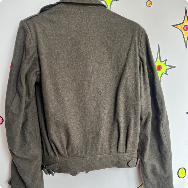 Vintage Military Green Embellished Uniform Grunge Fairy Boho Wool Bomber Jacket