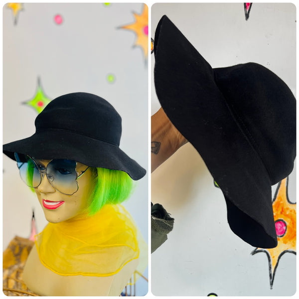 Vintage 50s Black Felt Goth Sun Hat | Wide Brim Witchy