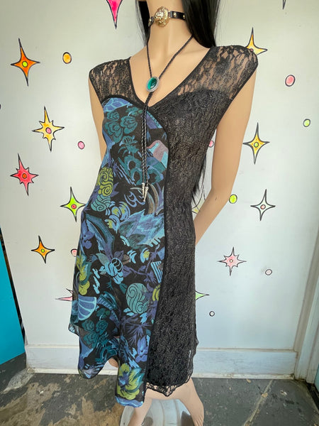 Y2K Lace Asymmetrical Dress | Black Teal Fairy Grunge Whimsy Goth Midi Dress M