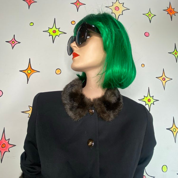 Vintage 90s Black Blazer Vegan Fur Trim Positive Attitude Office Siren Glam - M