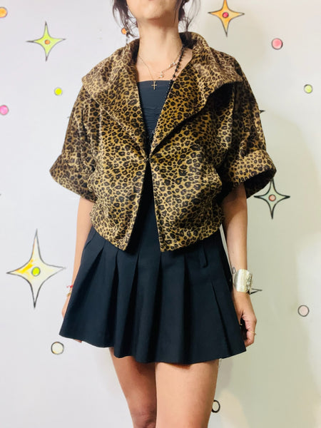 Vintage 90s Y2K Leopard Print Vegan Fur Cropped Coat Boho Grunge Western Glam S
