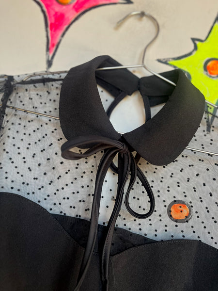 Y2K Black Lace Cropped Blouse – Babydoll Bow Neck Top – Goth Grunge Coquette – L