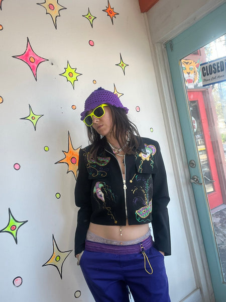 Vintage 80s90s Mardi Gras Cropped Blazer Wearable Art Avant Garde Party Jacket M