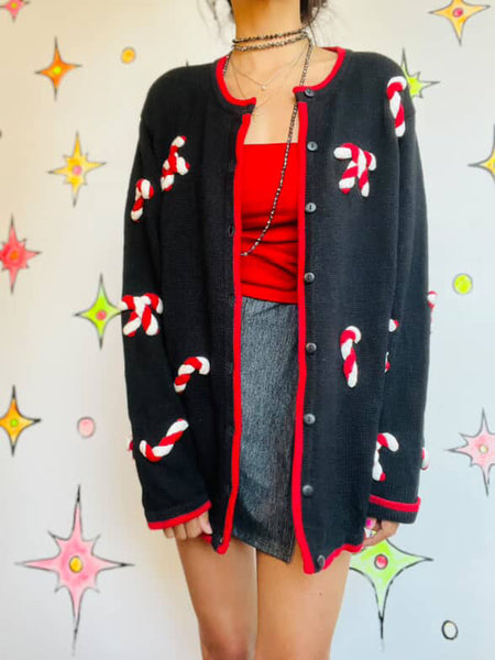 Vintage Black Christmas Sweater | Candy Cane Ugly Tacky Xmas Party Cardigan – L