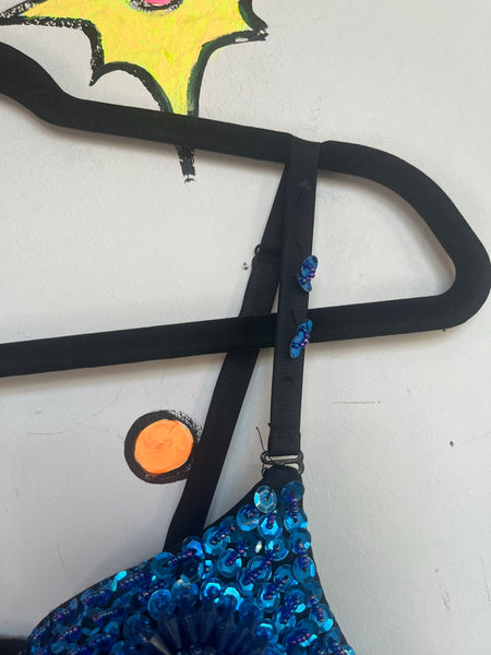 Blue Beaded Bra Top | Y2K Festival Mermaid Glam Sequin Bralette S