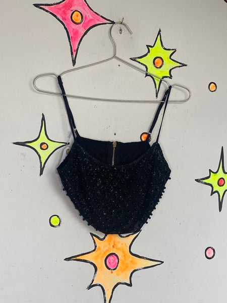 Black Beaded Cropped Bralette Bustier Top Sparkly Layering Piece Goth Glam S