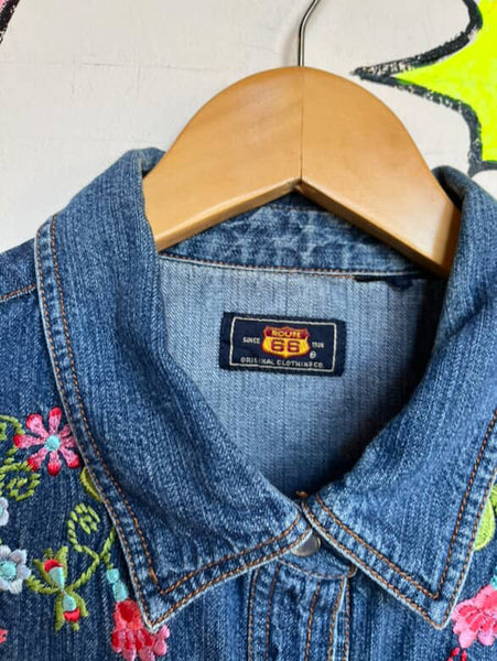 Vintage 90s Route 66 Embellish Denim Pearl Snap Top Fairy Grunge Western Boho M