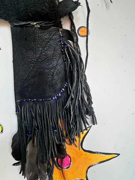 Vintage Leather Witch Bag Medicine Pouch Bone Feather Boho Goth Fringe Western