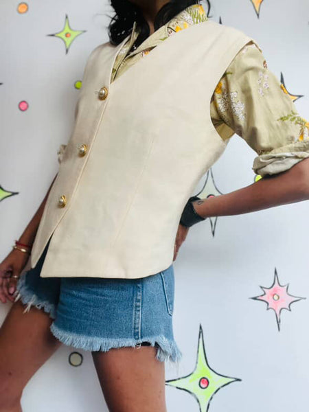 Off White Oversized Vest with Gold Buttons - Rococo Victorian Revival - Size M