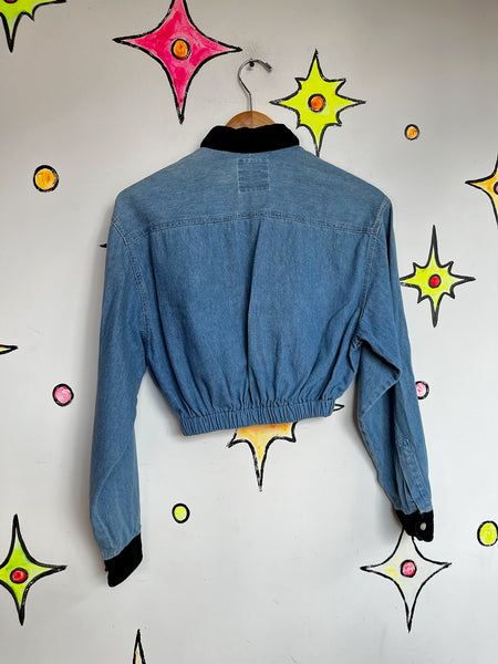 90s Grunge Denim Crop Top | Velvet Collar & Cuffs | Long Sleeve Button-Up (S)