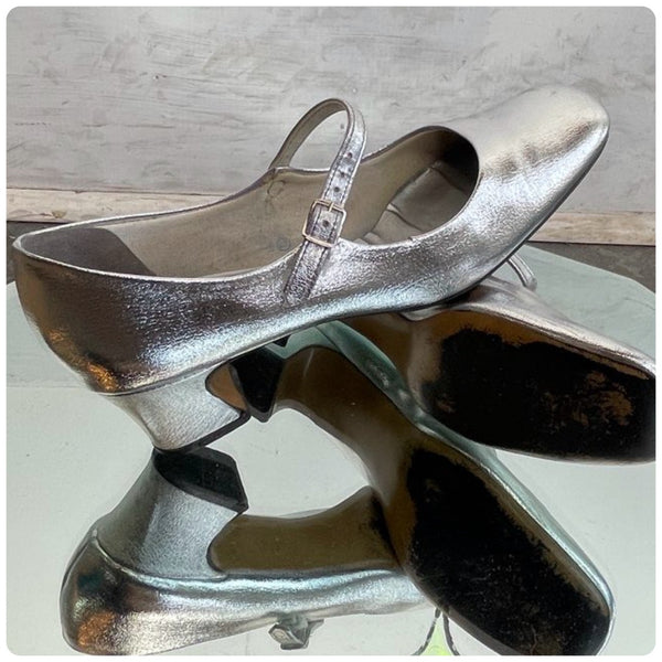 Vintage Silver Mary Jane Heels 20s Revival Flapper Shoes Art Deco Party Pumps 7