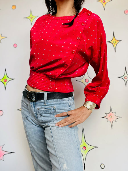 Vintage 80s Pink Rainbow Polka Dot Hearts Blouse | Academia Office Charm Top | S