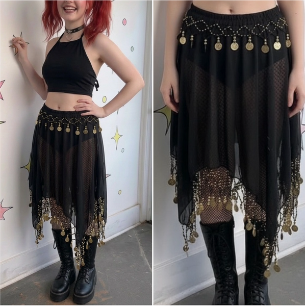 Black and Gold Asymmetrical Chainmail Skirt Coin Sheer Belly Dance S