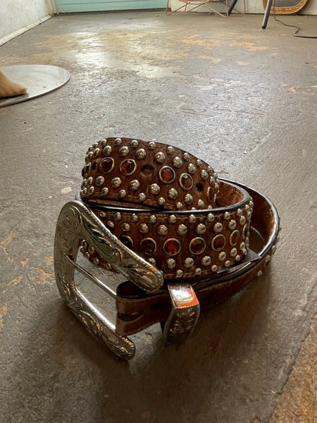 Y2K Rhinestone Belt Cowhide Leather Western Bling Cowgirl Glam Statement Belt