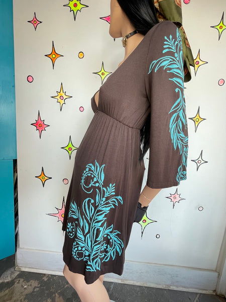 Y2K Brown and Blue Tattoo Print Mini Dress – Embroidered Boho Fairy Grunge S