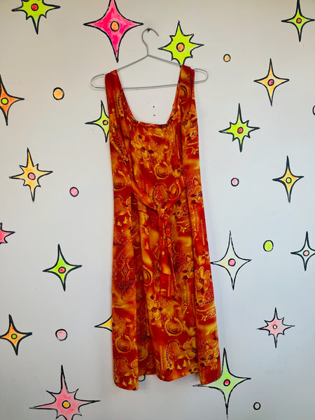 Vintage 90s Y2K Orange & Red Tiki Hawaiian Dress Boho Fairy Grunge Midi – Small