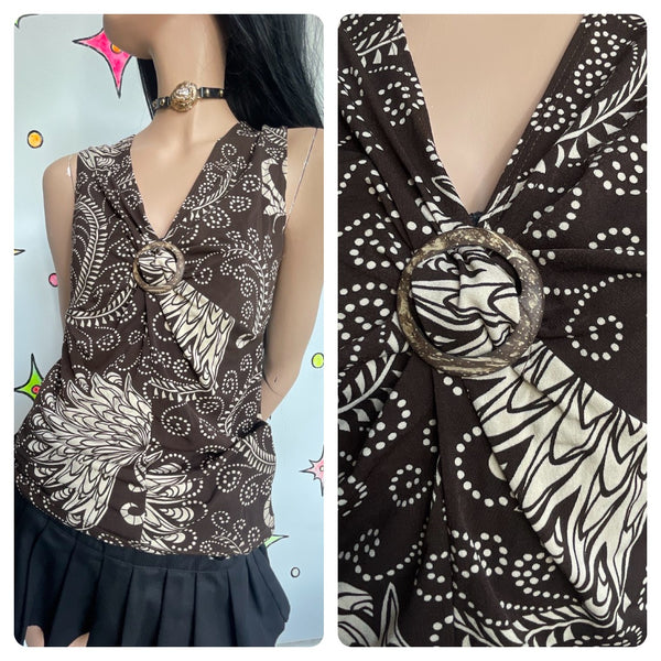 Y2K Paisley Stretch Top 90s Abstract Art Print Earth Tone Boho Fairy Blouse M