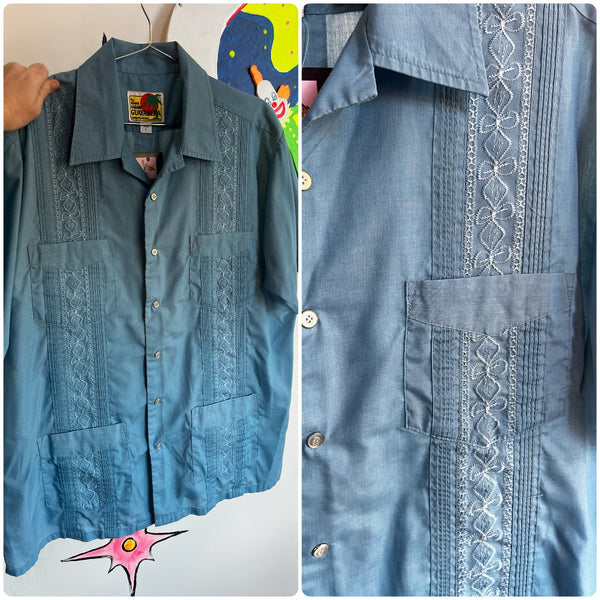 Vintage | Blue Men's Guayabera Haband Embroidered Shirt | Size L