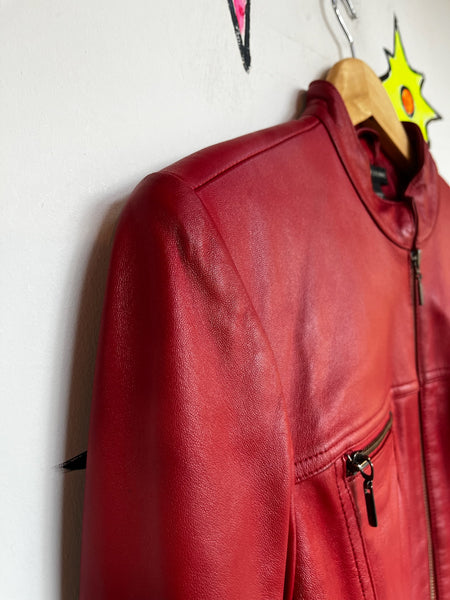 Y2K Cherry Red Leather Jacket - Indie Sleaze Glam Rock Moto Style - Size M