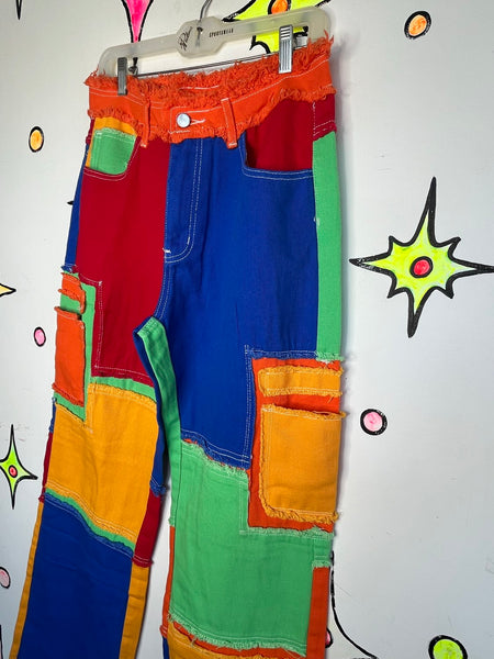 Rainbow Denim Wide Leg Patchwork Pants Y2K Boho Grunge Statement Jeans M/L