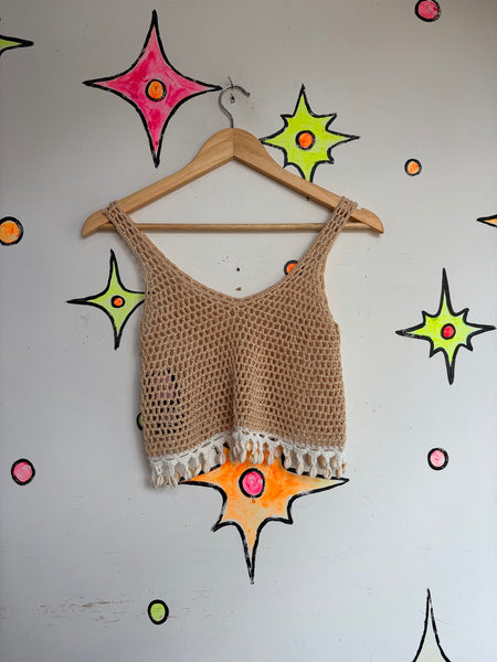 90s Beige Crochet Mermaidcore Crop Top Embellished Shells Fairy Grunge Boho S