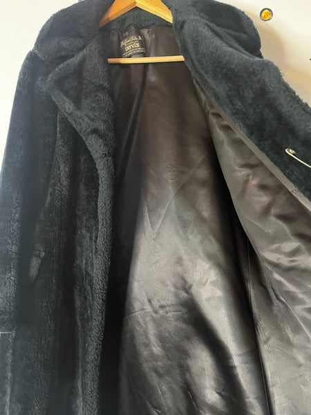 Vintage 70s Black Fluffy Vegan Faux Fur Teddy Bear Coat – Boho Glam Grunge - M/L