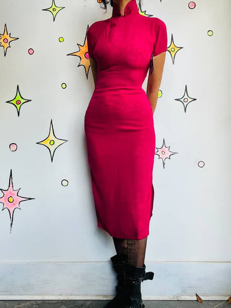 Vintage Pink Silk Kimono Geisha Wiggle Dress - Asian Inspired Midi Dress - XS