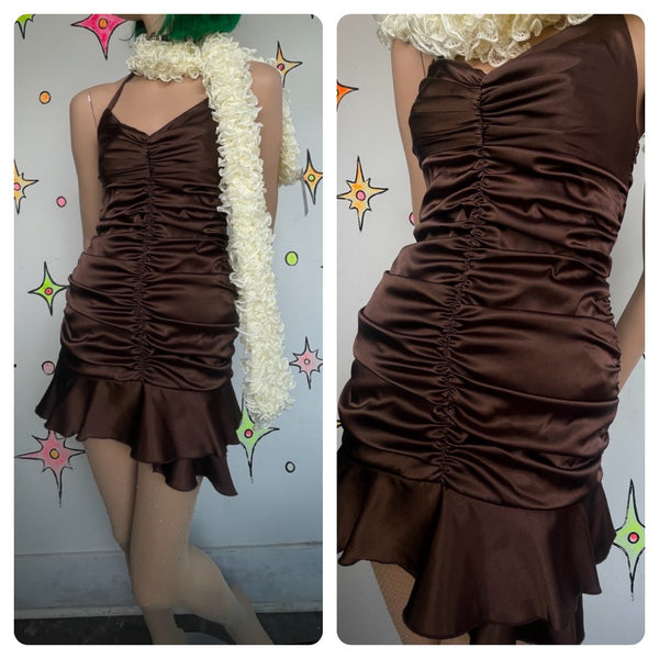 90s Y2K Fairy Brown Satin Scrunch Dress Halter Mini Party Formal Grunge Glam S