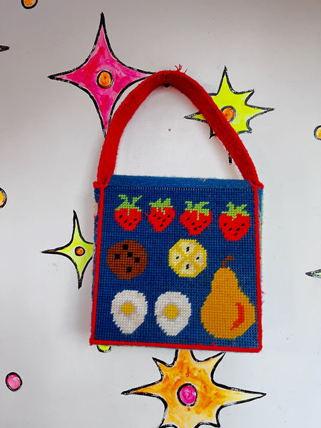 Vintage Kitschy Lunch Bag Purse – Cross-Stitch Sandwich – Handmade Picnic Bag