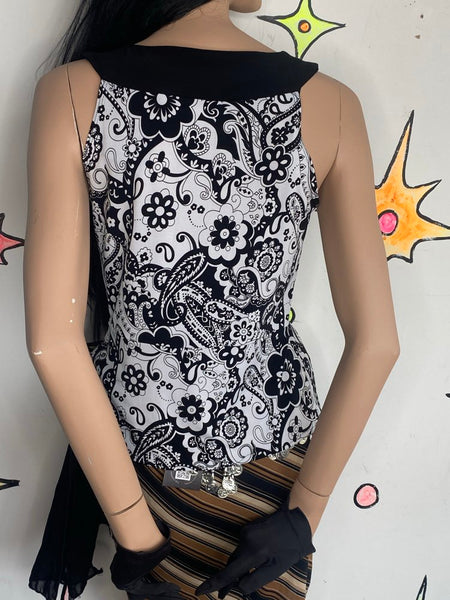 Black & White Paisley Scarf Bringe Top 90s Stretchy Fairy Grunge Whimsy Goth - S