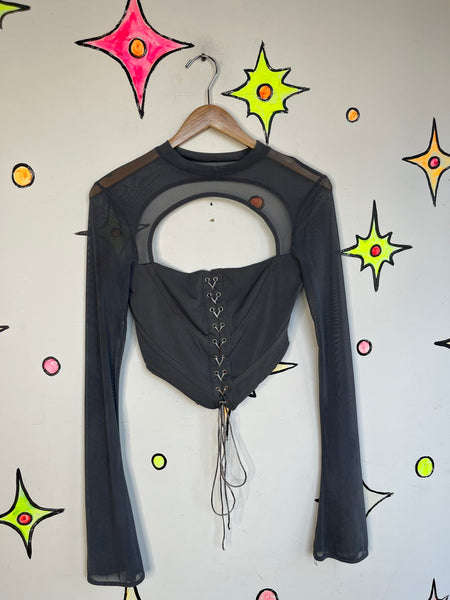 Grey Corset Top Sheer Bell Sleeves – Y2K Rave Medieval Fairy Grunge Castlecore M