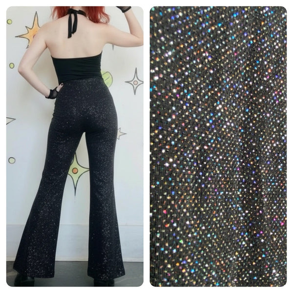 Vintage 90s Y2K Black Fairy Grunge Goth Sparkle Glitter Stretch Flare Pants L